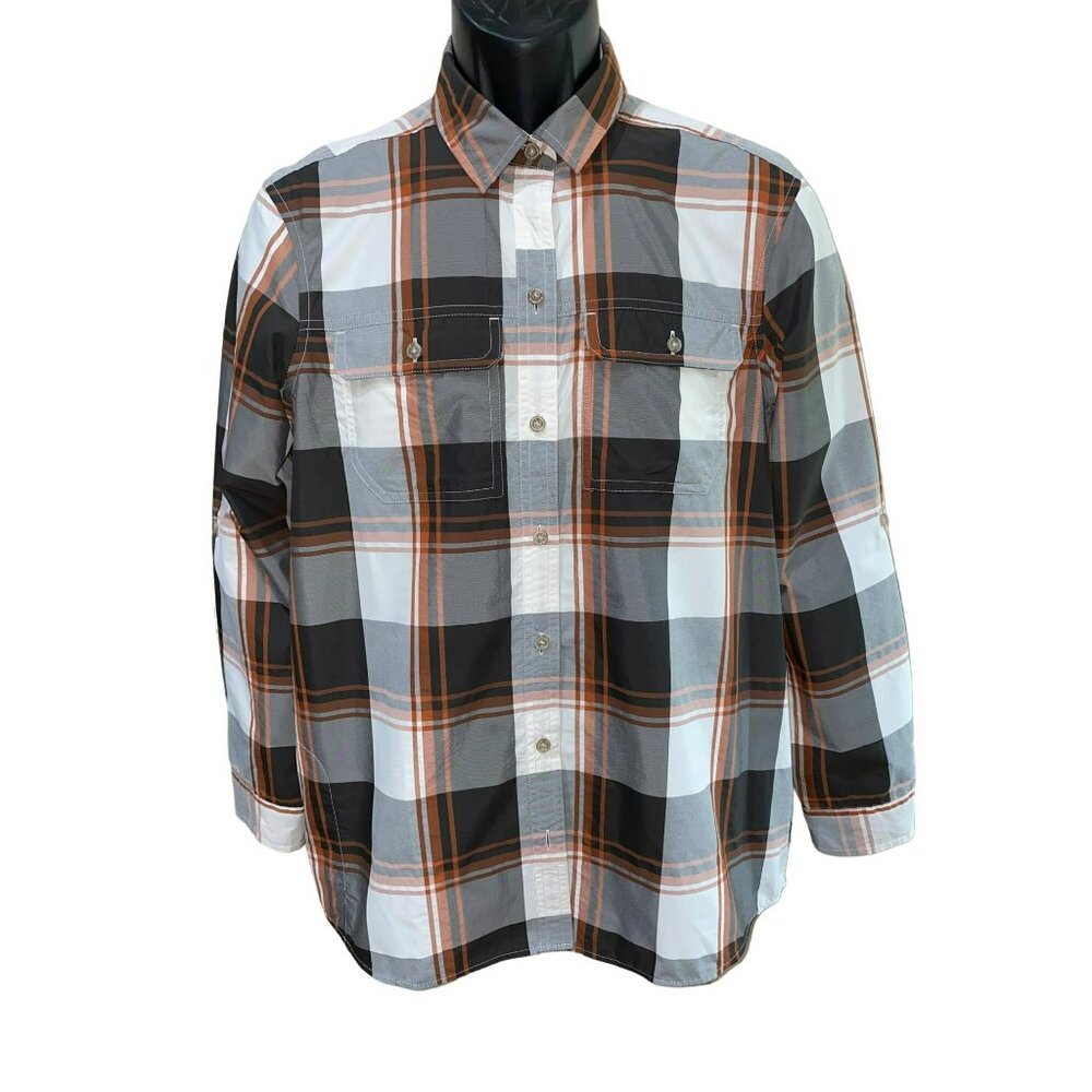 Eddie Bauer TraveX Dress Shirt Mens Medium Gray Plaid Classic Fit Button Up